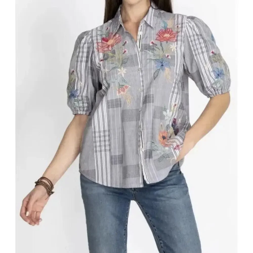 NWT JOHNNY WAS Jordan Lisbon Shirt S Grey Floral Embroidered Plaid 100% Cotton